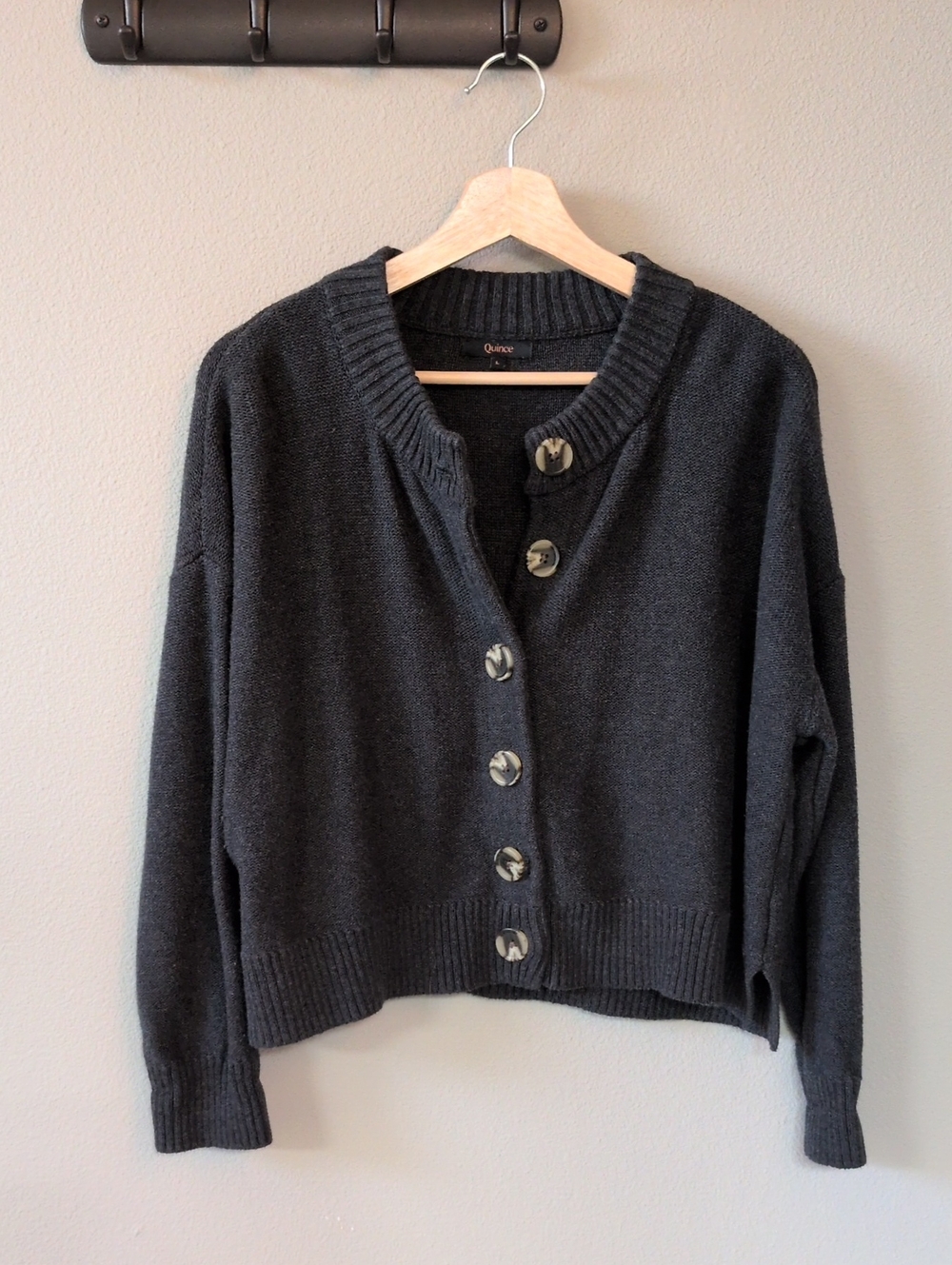 Quince Dark Charcoal Crop Button-Front Knit 100% Organic Cotton Cardigan